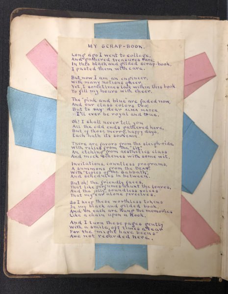 Handwritten poem over crisscrossed pink and blue ribbons.
