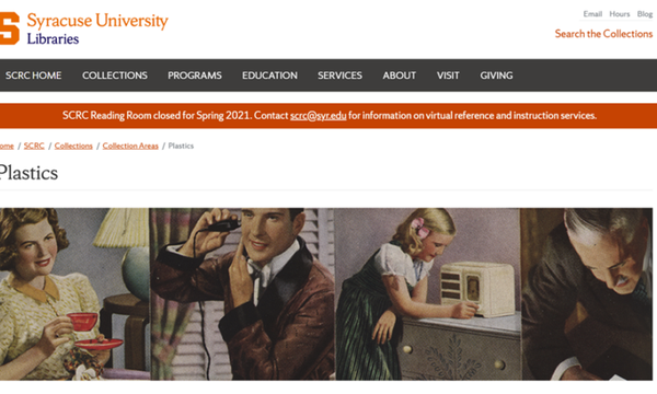 Screenshots of Special Collections Research Center plastic artifacts digital collection website page