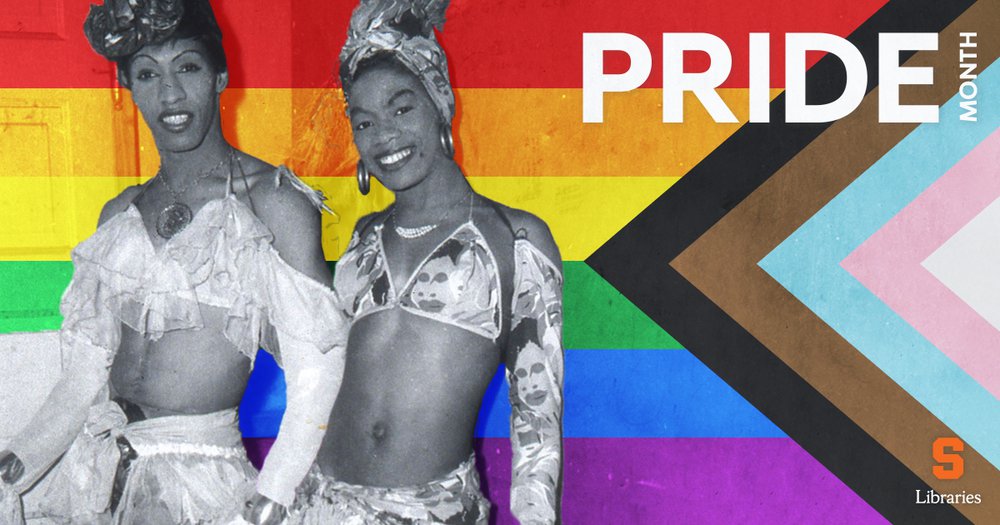 black and white photo of two black drag queens in dresses, with rainbow flag behind them and word PRIDE in reversed white text