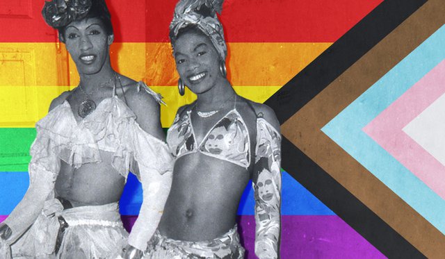 Inclusive pride flag overlaid on 1958 image of Harlem drag queens, with black and white outline of the queens in forefront