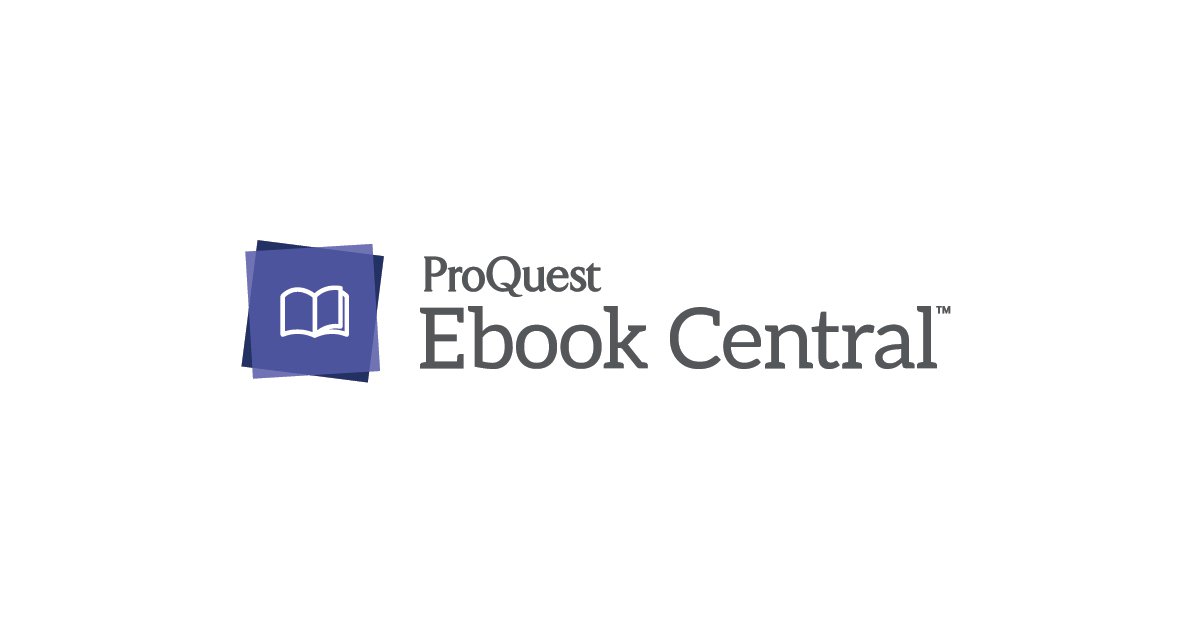 Proquest Ebook Central logo with dark gray serif text and white outline icon of open book over two overlapping dark blue squares