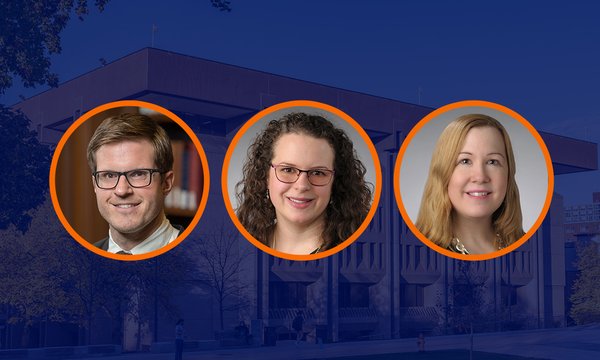 Circular portraits of Dane Flansburgh, Emily Hart, Brenna Helmstutler with orange border over blue overlaid image of Bird Library