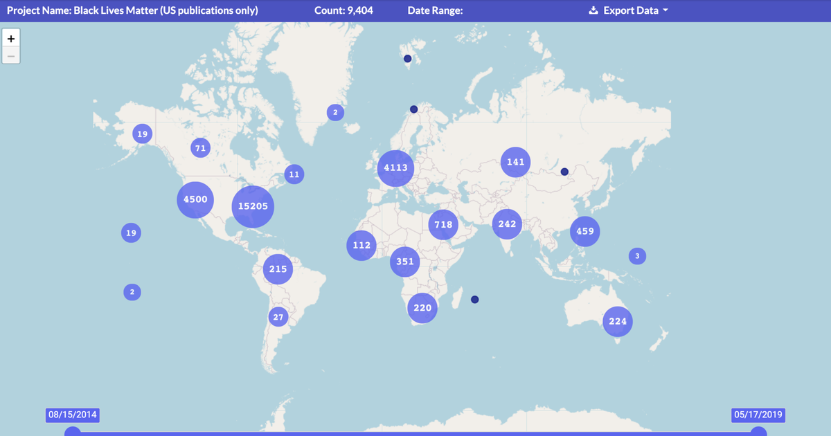 ProQuest TDM Studio Black Lives Matter data visualization map with circles and numbers