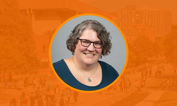 Circular portrait of Rachel Fox Von Swearingen with orange outline over dark orange overlaid image of walkway in front ofBird Library