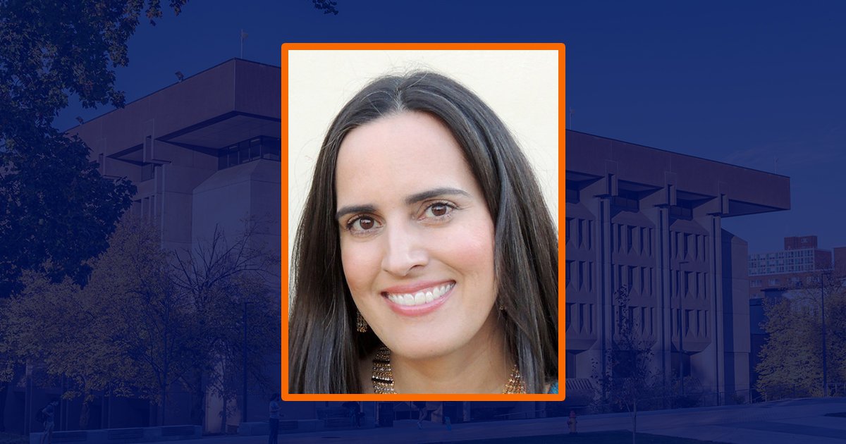 headshot of woman with blue sepia of Bird Library in background