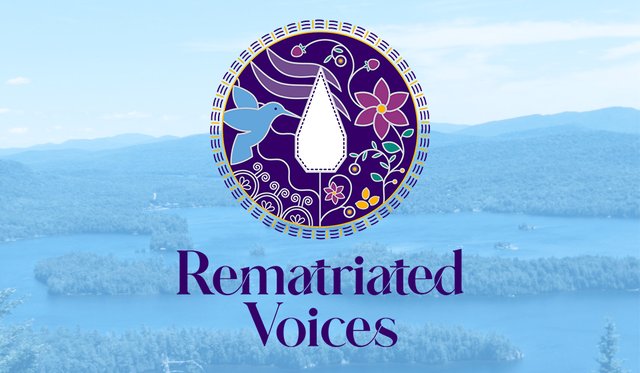 Light blue overlaid image of Blue Mountain Lake in the Adirondacks with illustrated circular purple logo with bird, flowers and other patterns and purple serif text that reads "Rematriated Voices"