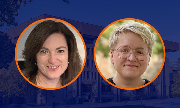 headshots of two people with blue background