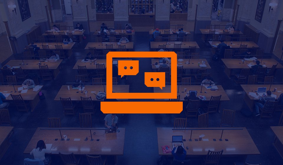Blue overlaid image of tables in Carnegie Library with orange icon of a laptop with two text bubbles