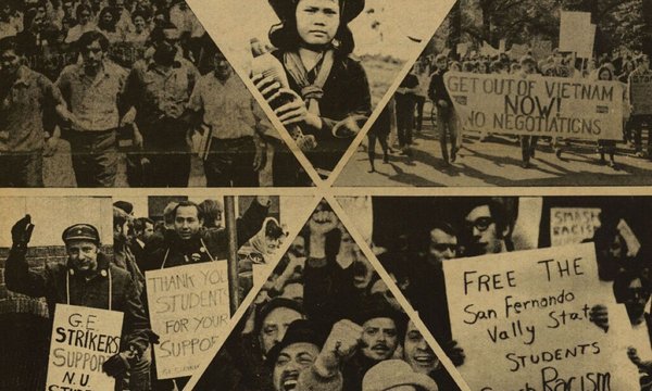 A composite image of six historical photographs of protesters marching, shouting, and holding signs up.