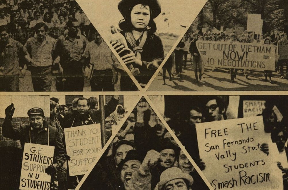 A composite image of six historical photographs of protesters marching, shouting, and holding signs up.