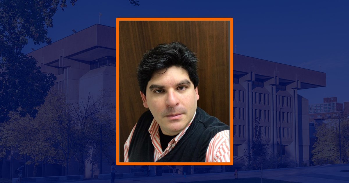 headshot with blue sepia image of Bird Library in background