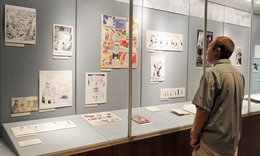 Person looking into glass display case featuring colorful comic strips in Special Collections