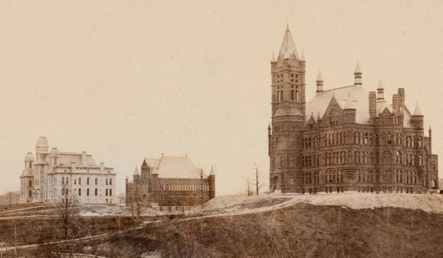 Sepia archival image of Hall of Languages and Crouse College after early construction