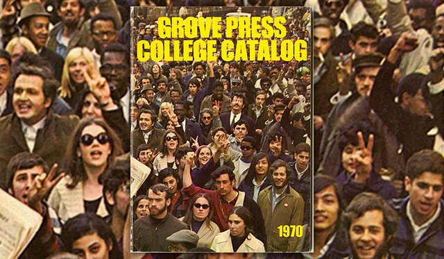 Cover of Grove Press College Catalog with large yellow sans serif title and image of large group of student faces