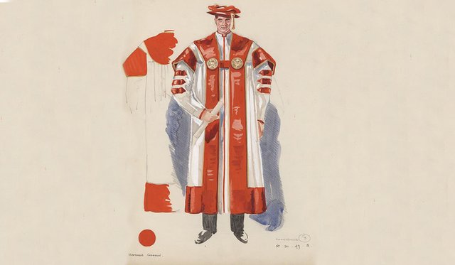 Archival sketch of Syracuse University Commencement regalia in orange, white and blue on yellowed parchment paper