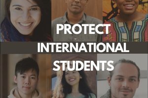 six people in square with words superimposed "Protect international Students"