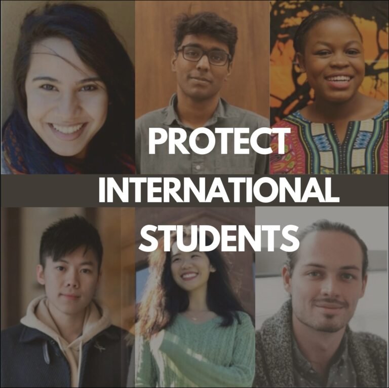 six people in square with words superimposed "Protect international Students"