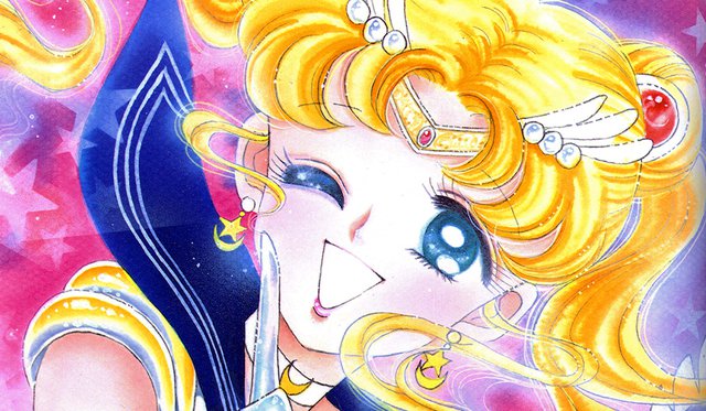 Close up illustration of Sailor Moon with golden blonde hair, blue eyes, dark blue collar and background of pink and purple with stars