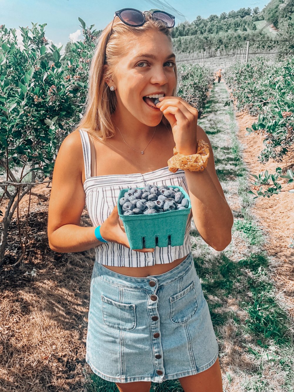 Samantha Jezak eats blueberries at a farm