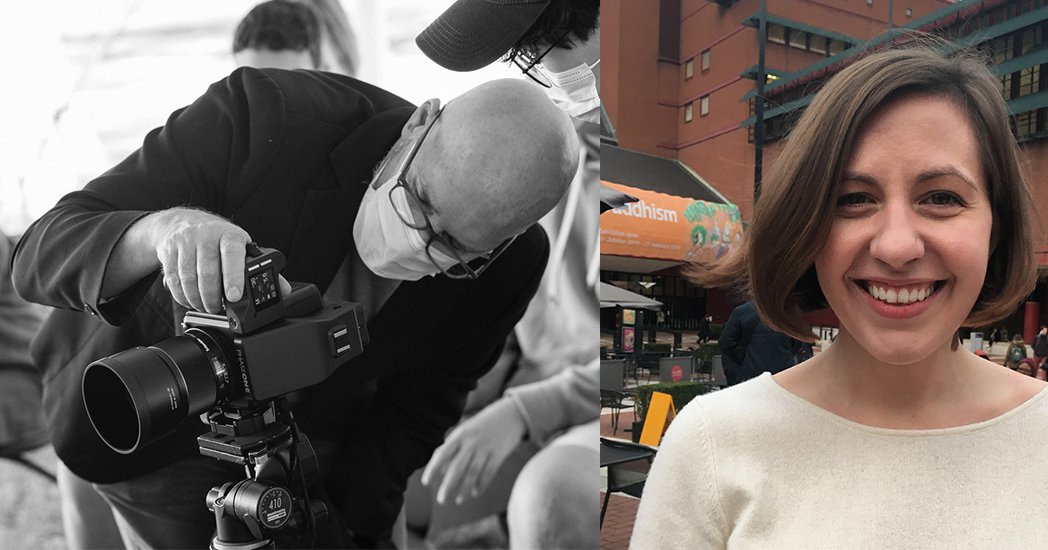 Photo of Doug Dubois behind a camera and Sarah Fuchs smiling in front of a brick building