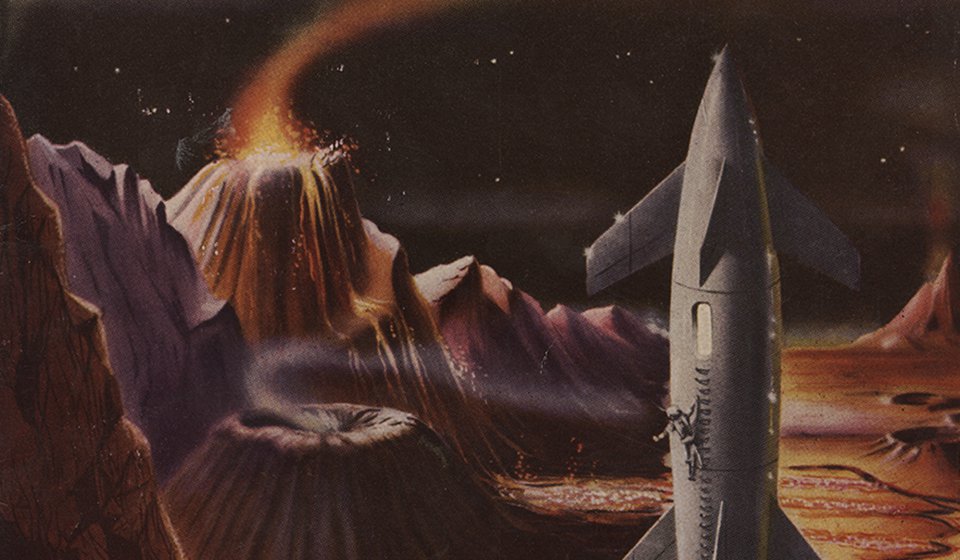Illustration from a science fiction magazine with one erupting and one smoking volcano with tall jagged mountains on left, and small astronaut climbing large silver rocket on right, with dark starry sky