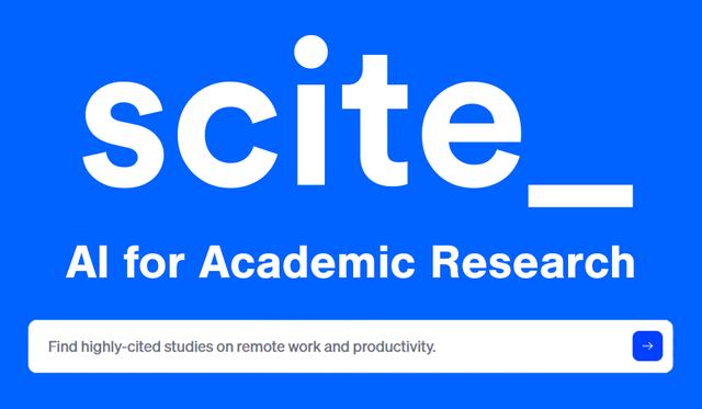 Bright blue background with white text "scite AI for Academic Research" with a search bar with the query "Find highly cited studies on remote work and productivity"