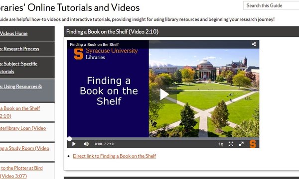 screen shot of online tutorials and videos with feature video on "Finding a book on the shelf"