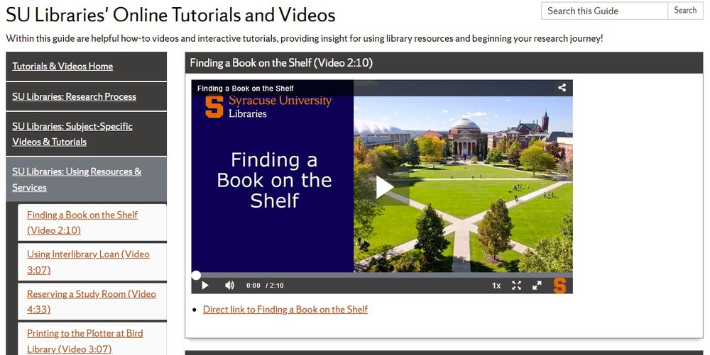 screen shot of online tutorials and videos with feature video on "Finding a book on the shelf"