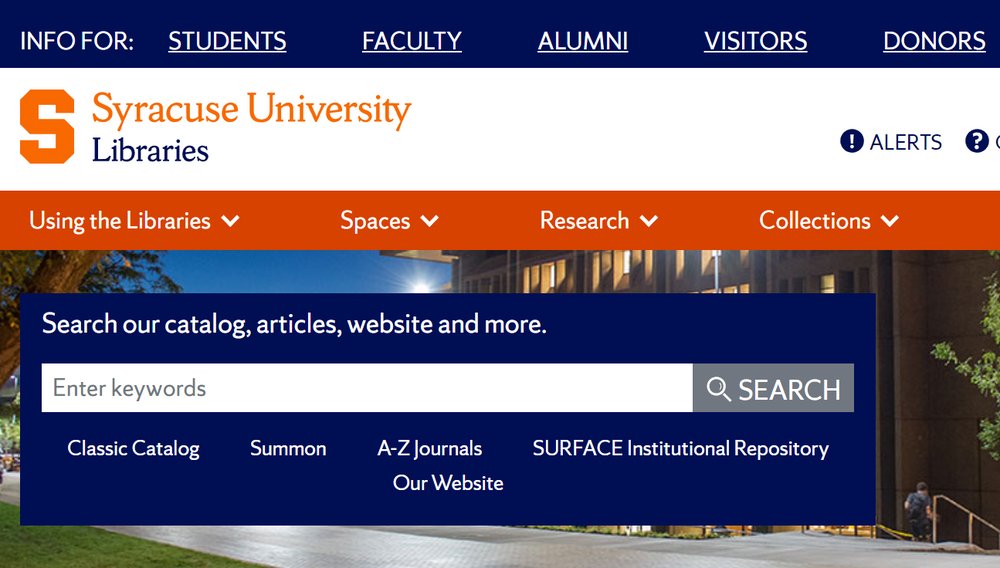 Screenshot of Libraries homepage with navigation and search bar