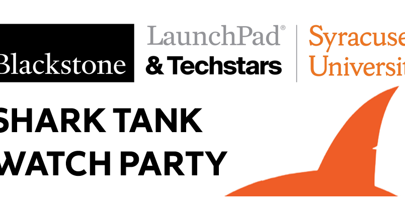 "Shark Tank Watch Party" text and an orange fin icon poster