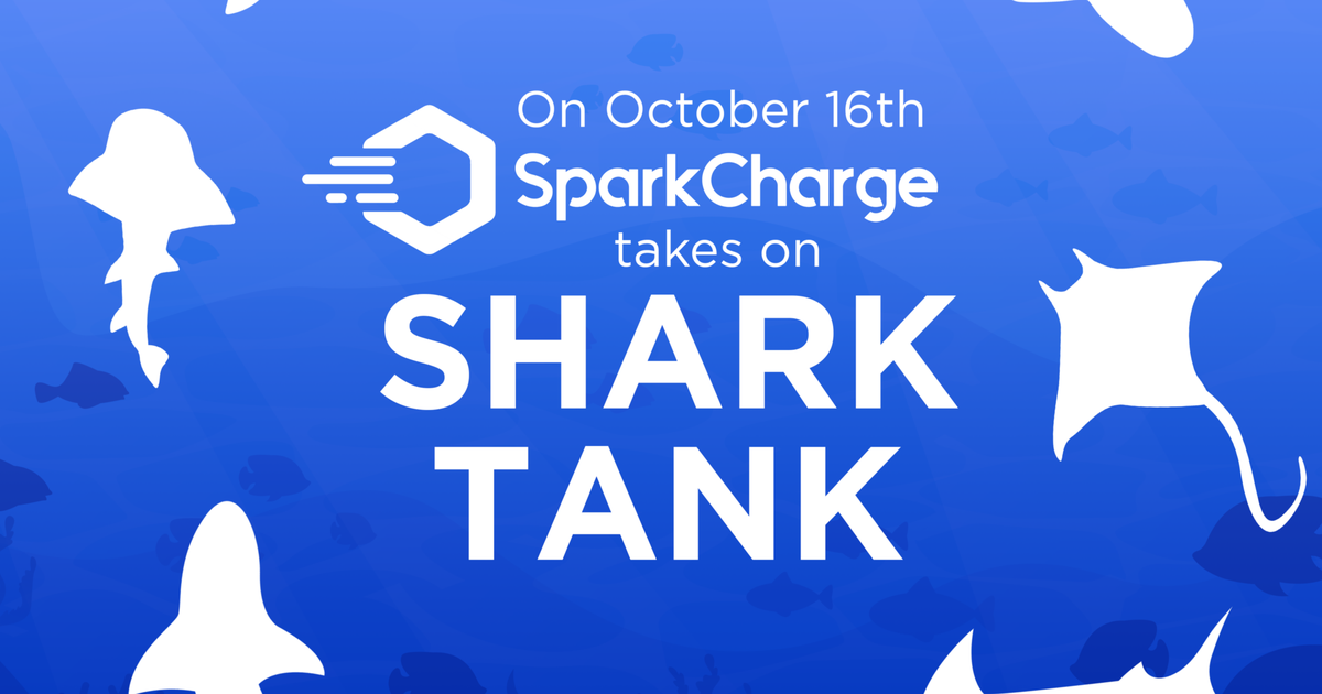 SparkCharge on Shark Tank blue and white graphic