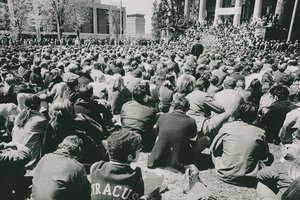 Photograph of students and campus community members gathered in front of Hendricks Chapel for the May 4 rally, 4 May 1970. Syracuse University Photograph Collection, University Archives