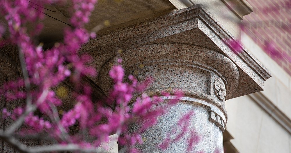 Close up of details on a column at Slocum Hall flanked by purple flowers