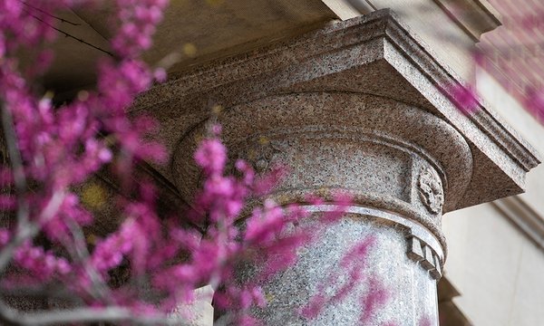 Close up of details on a column at Slocum Hall flanked by purple flowers
