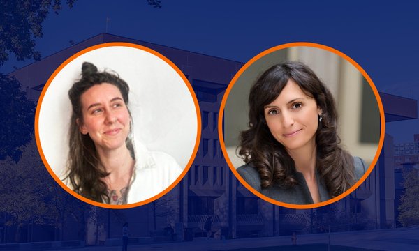 two headshots in circles on blue background