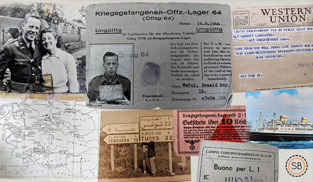 Collage of photos, identification cards, maps and correspondence from World War II featuring prisoner of war Don Waful