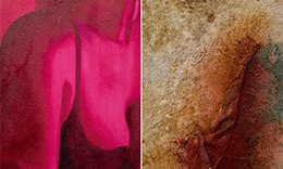 part of arm and chest covered in bra painted in pink or left and tan particles on right