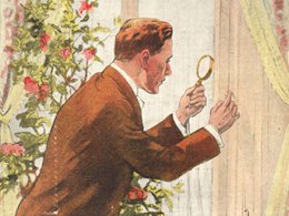 illustration of man wearing suit and looking at a curtain through a magnifying glass with flowers behind him