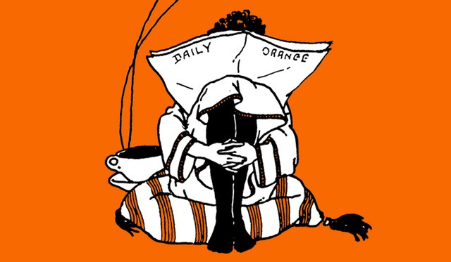 Illustration of a black and white person sitting on a pillow with a steaming cup of coffee reading the Daily Orange newspaper over orange background