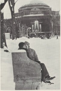 Students on the Kissing Bench from the 1963 Onondagan. Courtesy of Syracuse University Archives