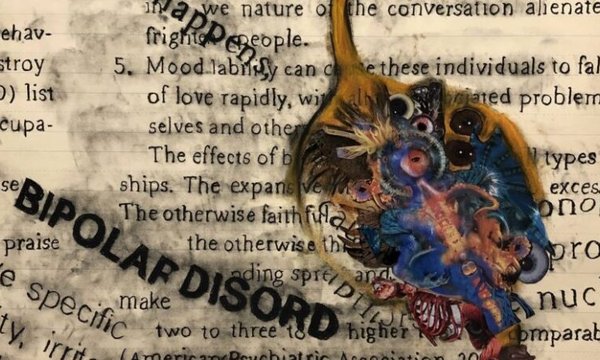 Abstract artwork with page from a book, colorful collage of medical imagery, and bold words "Bipolar Disorder"