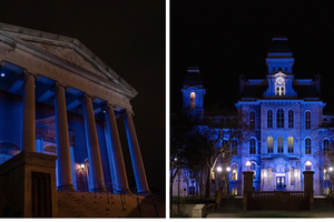 Hendricks Chapel and Hall of Languages at night, with blue lighting