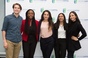 Syracuse University LaunchPad students at the New York Business Plan Competition (from left) Charles Keppler and Serena Ogie Evah Omo Lamai, co-founders of Fibre Free, Kayla Simon and Elizabeth Tarangelo, co-founders of In-Spire and Julia Haber, foun