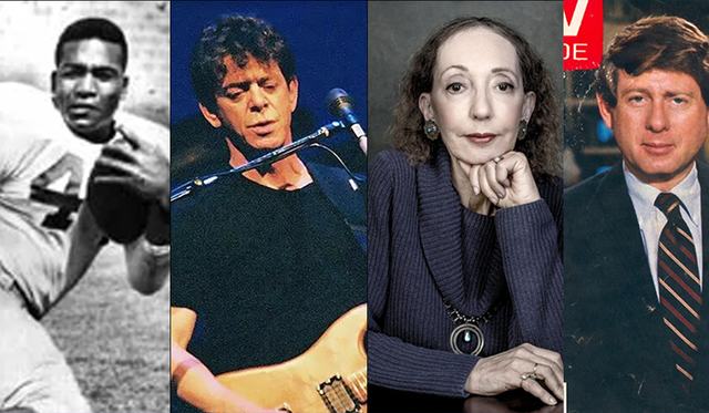 Collage of photos of Jim Brown running with a football, Lou Reed performing at a microphone, Joyce Carol Oates resting her chin on her hand, and Ted Koppel during a news broadcast