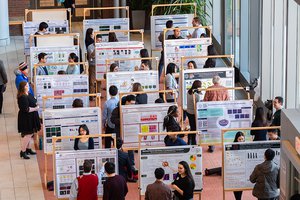 Research poster session with 15 large posters and people talking in front of each