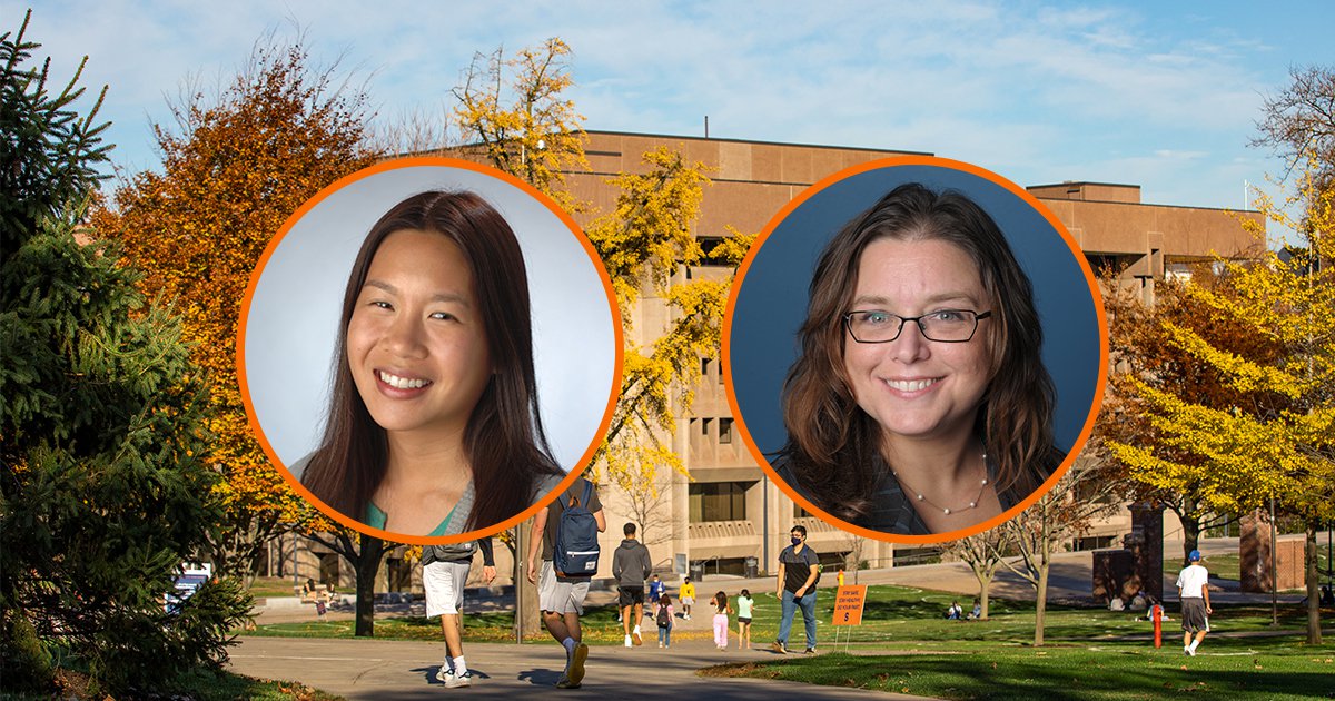 Circular portraits of Tarida Suzanne and Suzanne Preate with photo of Bird Library with yellow and orange fall trees