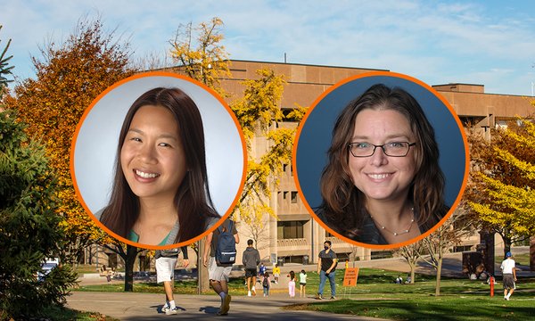 Circular portraits of Tarida Suzanne and Suzanne Preate with photo of Bird Library with yellow and orange fall trees