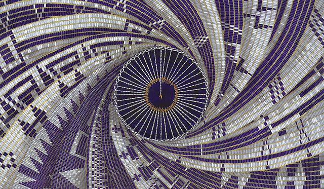 "21 Wampums" artwork by Brandon Lazore depicting swirling geometric patterns of white, purple and gold leading into center circle with with beaded lines and string of fire surrounded by a ring of small flames