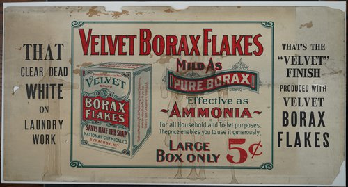 The 1909 streetcar advertisement for Velvet Borax Flakes produced by the National Chemical Company located in Syracuse, N.Y. Lyall D. Squair Streetcar Advertisements Collection.