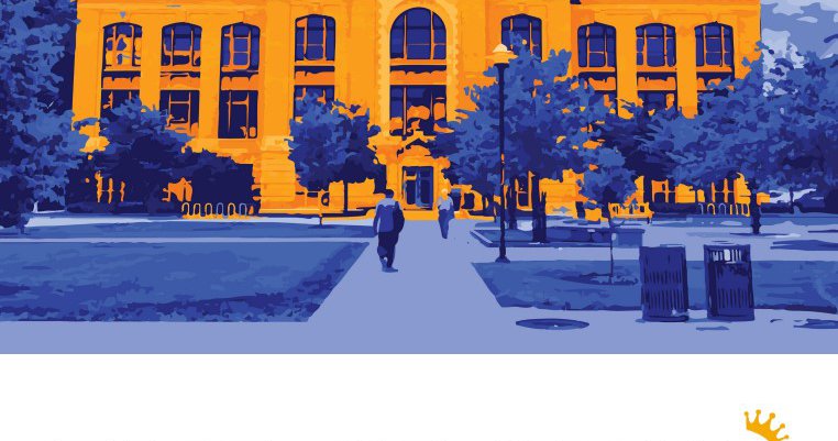 illustration of Bowne Hall in orange with rest of illustration in blue and words "The Crown Syracuse Honors Research Journal" below